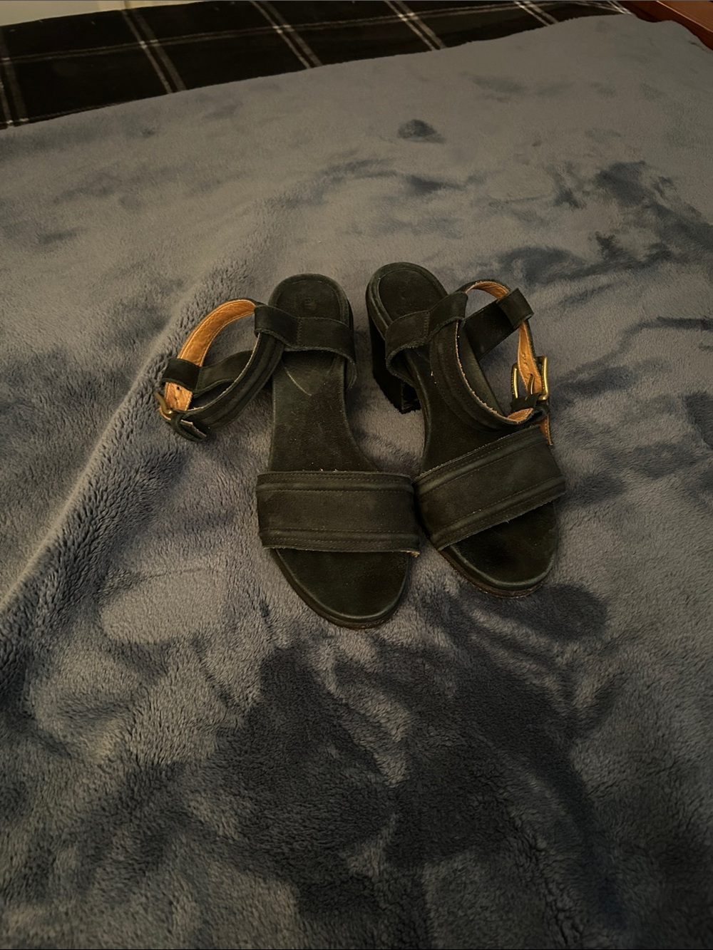 Billy Reid Black Suede Ankle-Strap Block Heels with Gold Buckle